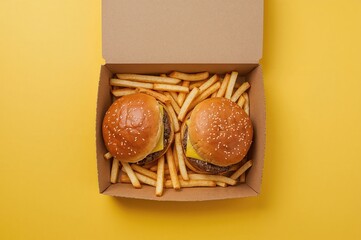 Top-down view of an open cardboard container filled with burgers and fries on a bright yellow surface