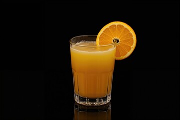 Glass Filled With Orange Juice and a Slice of Orange on the Rim Against a Dark Backdrop