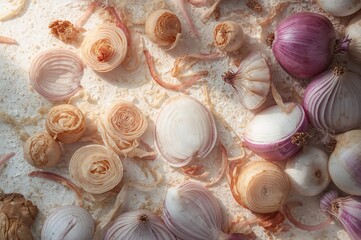 Vegetables including onions and garlic against a white textured background