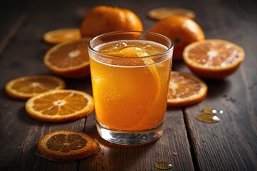 Glass filled with orange juice alongside fresh orange slices