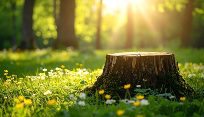 Tree Stump in Sunny Meadow with Wildflowers