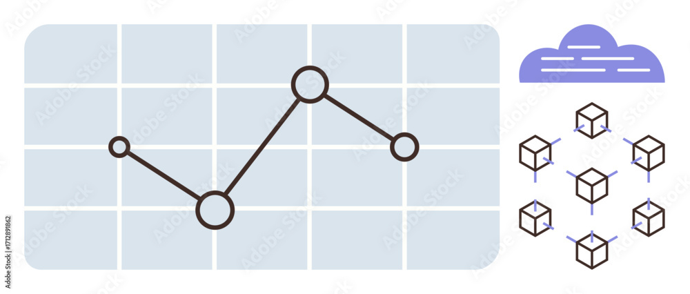 Aufkleber line graph on grid background, cloud icon, connected blockchain cubes. ideal for analytics, cloud co