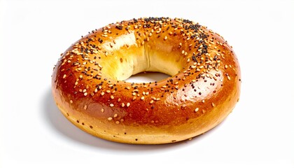 Golden-brown everything bagel with mixed seeds on white background — baked texture, crafted comfort, symbolic morning ritual.