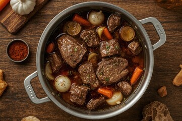 Rich beef bone broth simmered with roasted carrots, onions, garlic, and aromatic spices in a rustic pot on a wooden surface, overhead shot, close-up, macro