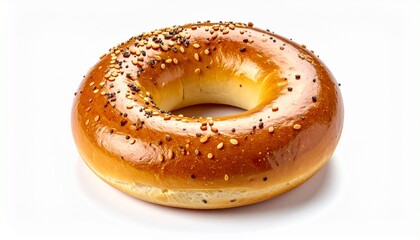 Golden-brown everything bagel with mixed seeds on white background — baked texture, crafted comfort, symbolic morning ritual.