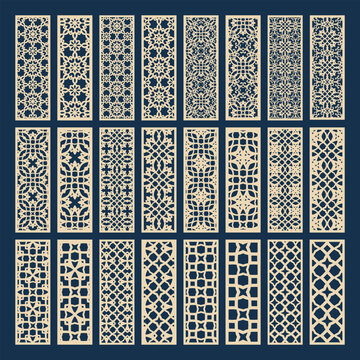 Ornamental panel designs set for laser cutting long panels 1x3 with geometric lattice and ornamental motifs for interior screens