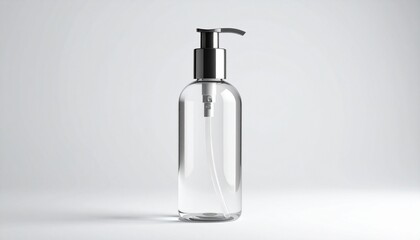Naklejka premium Clear plastic pump bottle with silver dispenser on white background — minimalist hygiene, crafted utility, symbolic care.