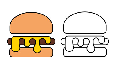 Drawing of a cheeseburger with melted cheese, line art and vector icon