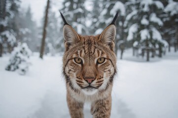 Fototapeta premium Wintertime lynx trek through snowy woodland