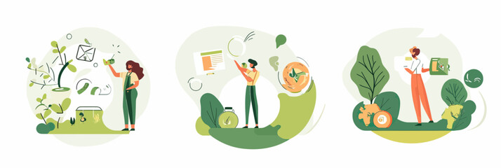 Naklejka premium Flat minimalist vector set illustrating sustainable living, eco friendly habits, recycling, renewable energy, plant care, climate action, environmental conservation concepts