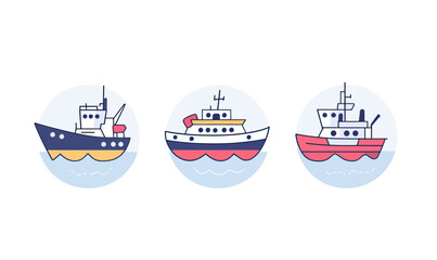 Obraz premium Set of three flat style vector icons featuring colorful fishing boats with cabins and antennas on calm water in circular frames for sea transport and maritime concept design