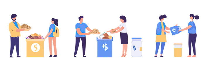 Volunteers donating food clothes and money to charity collection boxes and donation jars in flat minimalist vector style illustrating community support and generosity