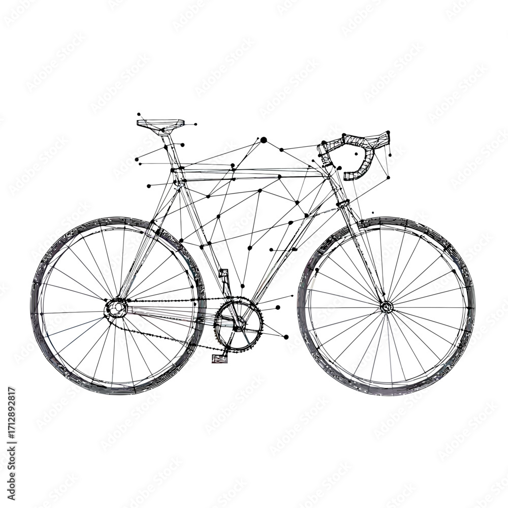 Poster abstract geometric wireframe bicycle illustration with connected lines and dots on white background 