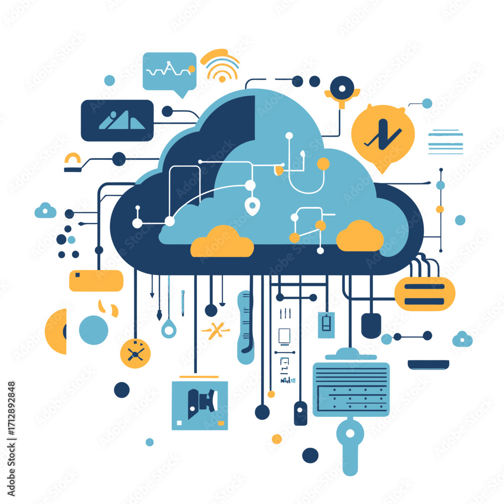 Poster abstract cloud computing network with data connections, digital technology icons, and server compone