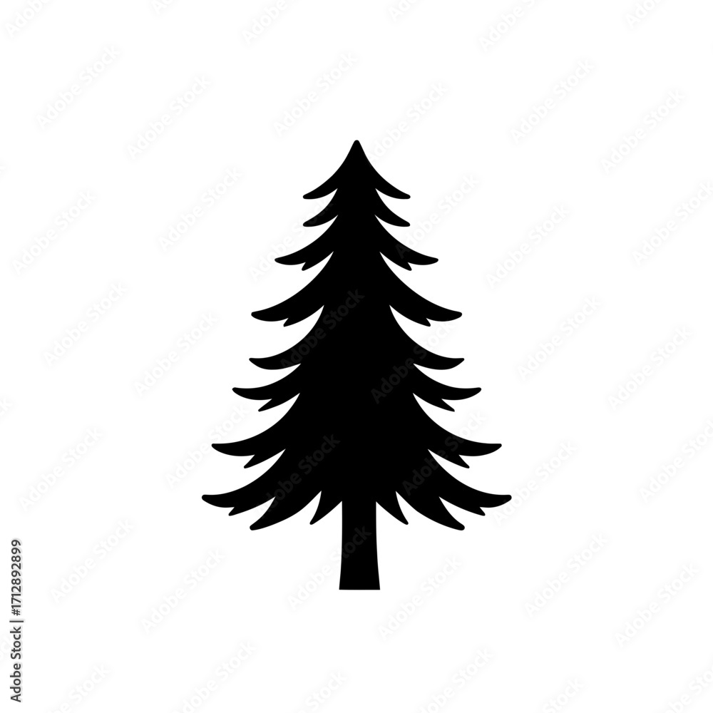 Aufkleber black silhouette of a pine tree icon with layered branches in flat minimalist style on white backgro