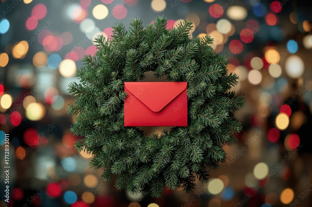 Canvas Prints spruce wreath adorned with a crimson card against a backdrop of colorful bokeh lights