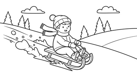 Happy Boy Sledding Down a Snowy Hill in a Winter Landscape, Enjoying Winter Fun