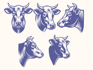 Cows Steers Cattle with Horns, Retro Vector Illustration, Scalable to any Size