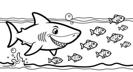 Happy Cartoon Shark Swimming with Small Fish in the Ocean Underwater Scene