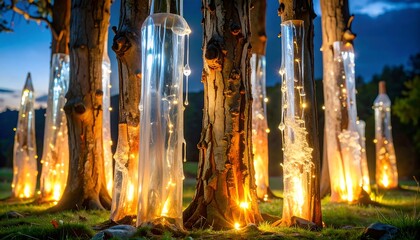 Trees Decorated with Lights for Outdoor Event at Dusk