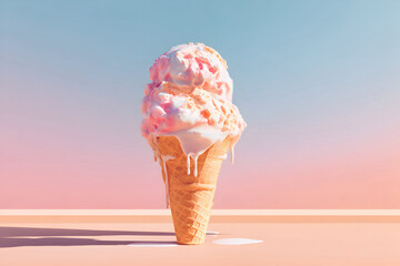Melting ice cream cone with pastel pink scoops against soft sky background