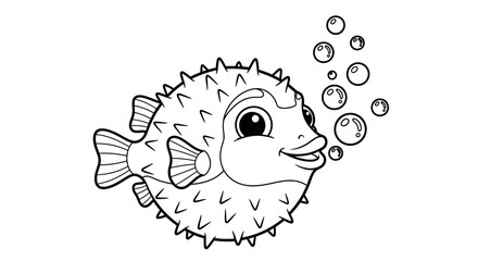 Cute Puffer Fish Blowing Bubbles Underwater, isolated white background.