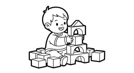 Happy Young Boy Joyfully Playing and Building with Toy Blocks, isolated white background.