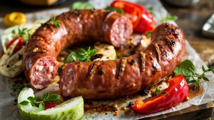 Grilled sausages are slightly browned, juicy and tender inside. Sausage on a wooden board surrounded by fresh vegetables: bell peppers, onions and mushrooms. The dish is decorated with fresh herbs.