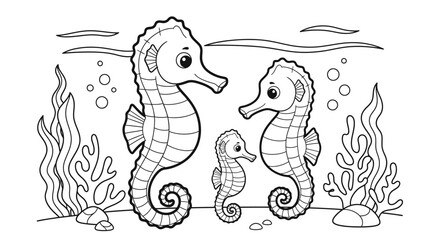 Cute Seahorse Family Swimming Underwater with Coral and Seaweed, isolated white background.
