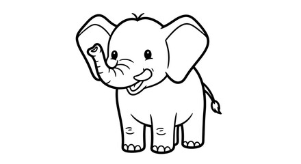 Cute Baby Cartoon Elephant Standing with Trunk Up, African Safari Animal, Isolated White Background