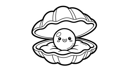Open Cartoon Oyster Shell Holding a Shiny Pearl, Underwater Treasure, Isolated White Background