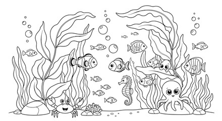 Lively Underwater Scene with Marine Animals and Coral Reef for Coloring Book