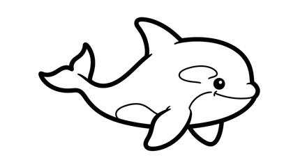 Adorable Baby Killer Whale Orca Swimming Happily, Cute Marine Mammal Line Art, Isolated White Background.