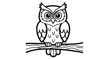Wise Cartoon Owl Perching on a Branch, Adorable Forest Bird Line Art, Isolated White Background.