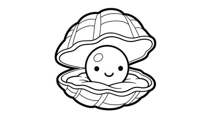 Happy Cute Cartoon Pearl Smiling inside an Open Oyster Shell on Isolated White Background
