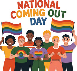 National Coming Out Day diverse group of people holding rainbow flags and wearing pride symbols LGBTQ