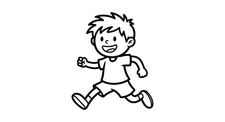 Happy boy joyfully running, simple line drawing illustration.
