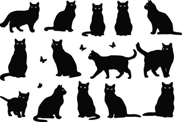 Black cat silhouettes with butterflies, animal illustration set, feline artwork, pet design elements, wildlife graphic, creative decoration, playful vector, nature concept, eyes detail