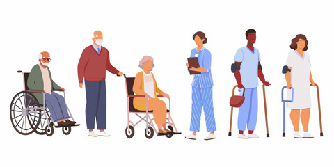 Diverse group of elderly people and healthcare professionals in a medical setting