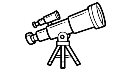 A line drawing of a telescope on a tripod, angled upwards, with a smaller scope attached.
