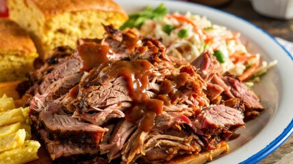 American barbecue dish in close-up with juicy pork stew. The pork is tender and juicy, with a spicy barbecue sauce. As a side dish, cabbage salad and corn bread. A photo with a place for the text.