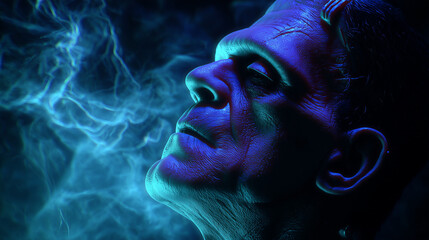 Frankenstein monster, profile, Blacklight Psychedelic colors and smoke - vaporwave; haunted house, halloween sign, party, invitation, horror character; frankenstien