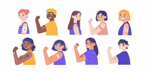 Diverse group of people showing off their vaccination band aids and flexing their muscles © Barsha