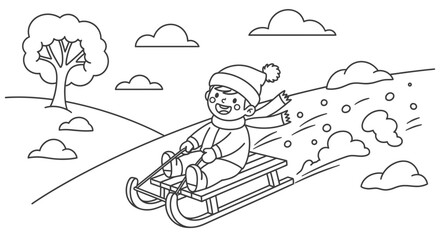 Happy Child Sledding Down a Snowy Hill in a Playful Winter Landscape Outdoors