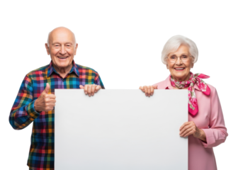 Elderly caucasian man in plaid shirt giving thumbs-up, woman in pink shirt holding blank sign, both smiling at camera against white studio background, ample copy space. Concept for commercial