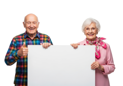 Elderly caucasian man in plaid shirt giving thumbs-up, woman in pink shirt holding blank sign, both smiling at camera against white studio background, ample copy space. Concept for commercial
