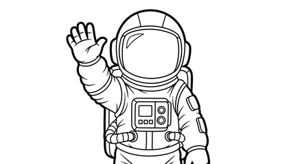 Friendly Cartoon Astronaut Waving Hello, Isolated White Background, Coloring Book Style