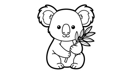 Cute Cartoon Koala Holding Eucalyptus Leaves, Isolated White Background, Coloring Book Style