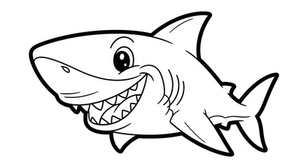 Cartoon illustration of a smiling shark with visible teeth, fins, and a dorsal fin, outlined in black on a white background.
