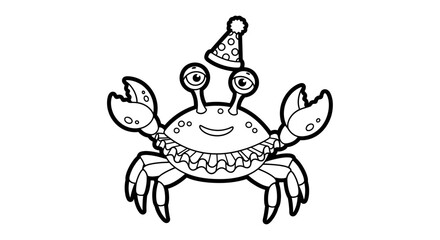 Obraz premium Cartoon crab wearing a party hat, outlined in black ink, ready for coloring.